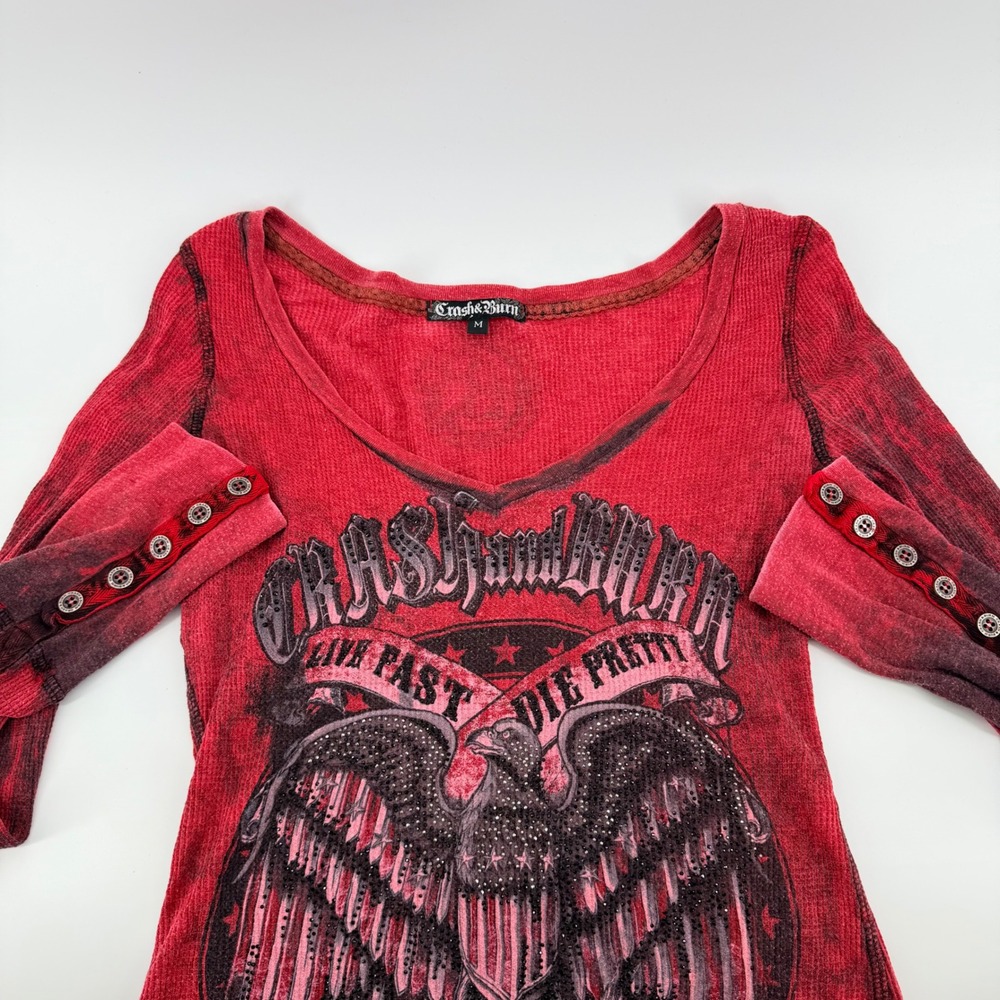 Crash & Burn Eagle Graphic Thermal Shirt V-Neck Rhinestone Y2K Red Medium
